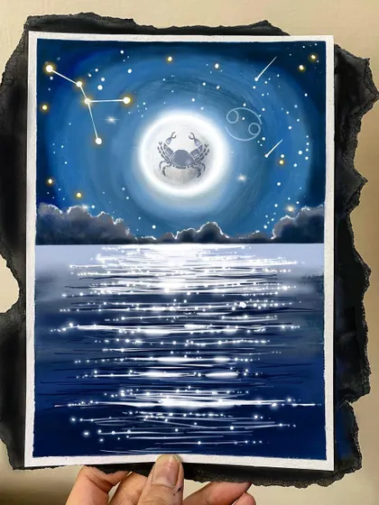 As a Cancer, I was inspired to create this zodiac-themed artwork. It features the Cancer constellation and crab symbol against a celestial backdrop of the moon and a starry sky over the ocean.