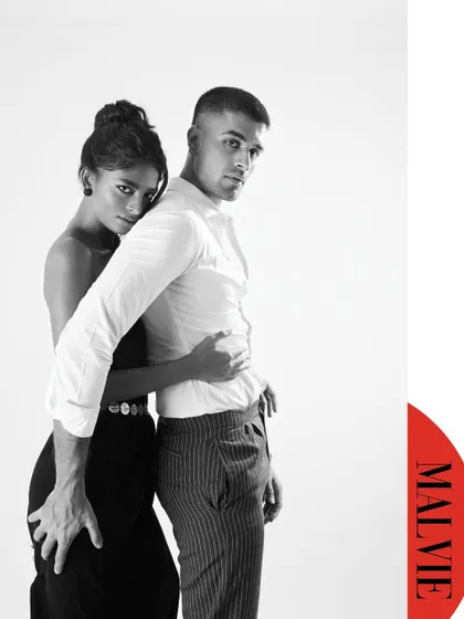 A classic black and white portrait of a couple for Malvie Magazine.