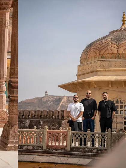 The crew taking in the views from the top of Amer Fort in Jaipur. You can see the whole city from up here.