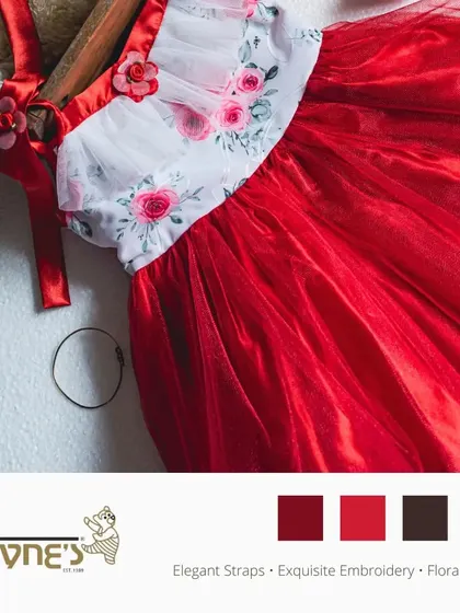 A promotional graphic for one of my signature red and white party dresses, highlighting its elegant straps, exquisite embroidery, and floral charm.