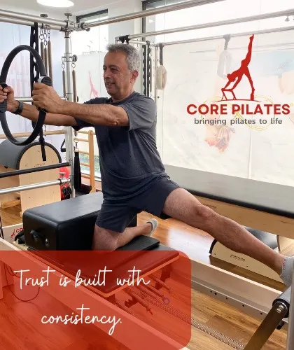Trust is built with consistency. This client demonstrates how Pilates can be adapted for all fitness levels, using the magic circle on the Reformer to build strength.