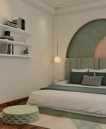 I designed this playful yet sophisticated bedroom for a teenager. The arched, color-blocked headboard in green and pastel pink serves as a focal point, while layered textures and globe pendant lights add a touch of luxe, creating a perfect retreat to relax and recharge.