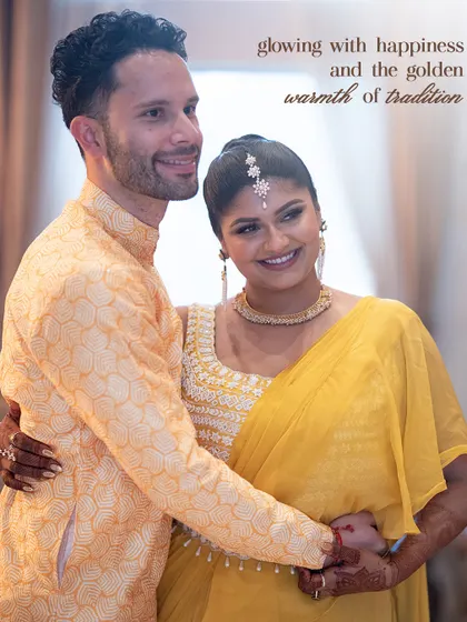 Glowing with happiness and the golden warmth of tradition. The couple's coordinated yellow outfits are perfect for their Haldi ceremony.