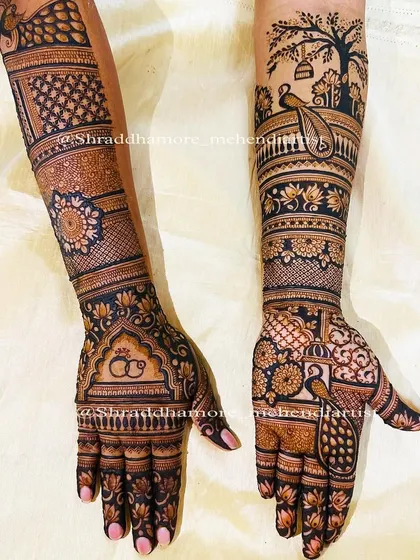 This design is a testament to my love for detailed patchwork. One arm features a classic engagement ring motif, while the other showcases a beautiful scene with a peacock under a tree.