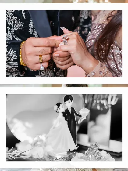 Focusing on the details of the engagement. This collage shows a close up of the ring exchange and a charming black and white shot of the wedding cake topper, highlighting the small symbols of their commitment.