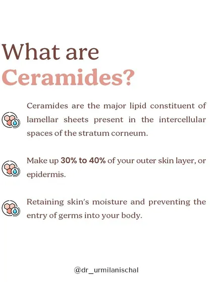 What are ceramides? They are fats or lipids that form 30-40% of your outer skin layer. Their main job is to retain moisture and prevent germs from entering your body, acting as the mortar that holds your skin cells together.