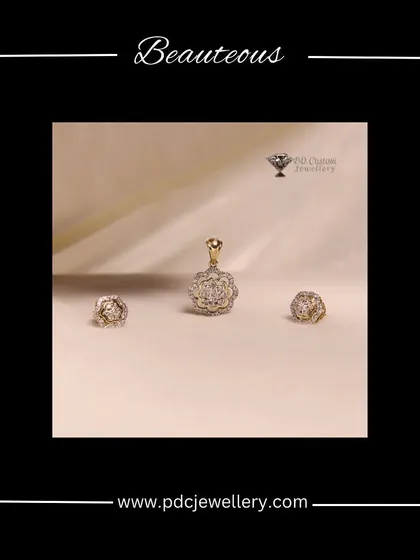 A beauteous floral-designed diamond pendant set in 18kt hallmarked gold. This is a classic and feminine choice for those who love nature-inspired jewellery.