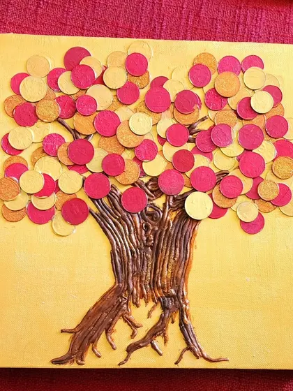 This version of the money tree uses a vibrant combination of red and gold on a yellow canvas, symbolizing energy, wealth, and happiness. Each painting is unique to the client's needs.