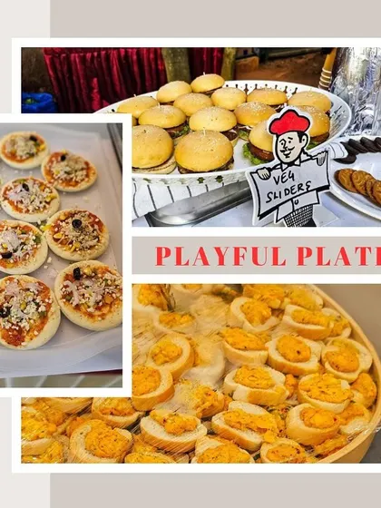 A collage of my "Playful Plates" for kids. This shows a variety of popular items including mini pizzas, veg sliders, and cheesy garlic bread bites.