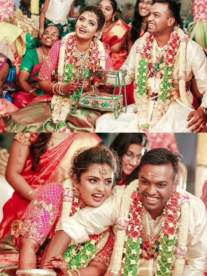 A collage of the couple enjoying the wedding rituals, their happy and expressive faces telling a story of joy and celebration.