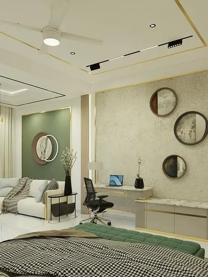 A spacious and bright master suite in "Yash Villa," featuring a large window, a sitting area, a study desk, and a custom-designed wardrobe.