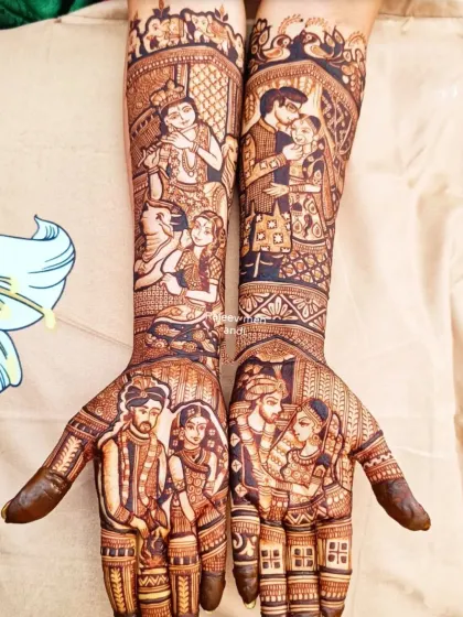 A full story on both arms, this design includes multiple couple poses, portraits of Radha Krishna, and traditional wedding ceremony elements. Every inch of this mehendi is filled with meaningful details.