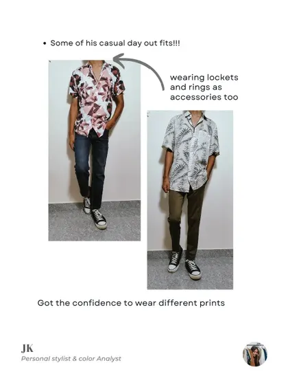 Part of Manas's transformation was gaining the confidence to wear different prints and accessories like lockets and rings to elevate his casual day-out looks.