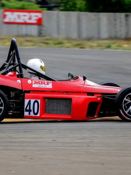 Our Formula LGB car number 40 on track, with the MRF branding visible, a key partner in Indian motorsport.