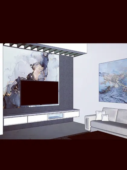 A 3D interior concept for a living room, focusing on the television and media unit. The design incorporates a dramatic, marble-effect feature wall, integrated shelving, and ambient backlighting for a sophisticated look.