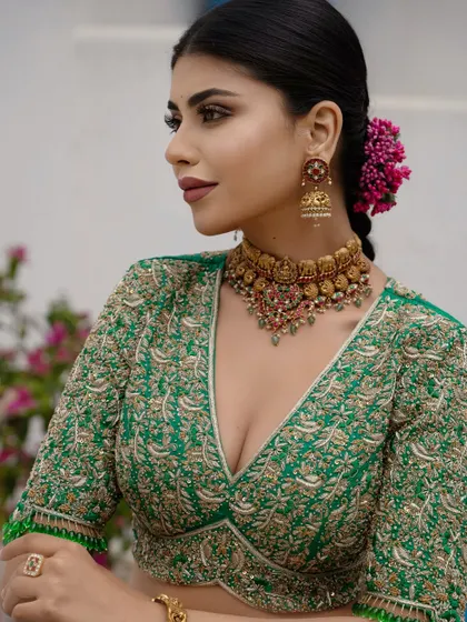 A close-up of the exquisite hand embroidery on the green bridal blouse. The detailed threadwork and zardozi create a floral pattern that is both delicate and opulent.