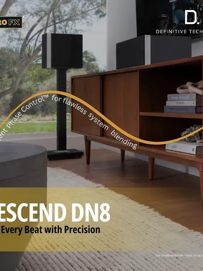 A second look at the Descend DN8 subwoofer, emphasizing its ability to bring deep, precise bass to your favorite tracks and movies. We invite clients to our showroom for an exclusive audition.
