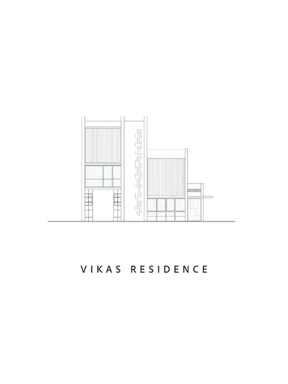 A minimalist elevation drawing of the Vikas Residence. This simple line drawing clearly communicates the building's form, proportions, and the pattern of its perforated facade screen.