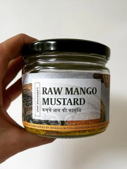 This raw mango mustard is legacy in a bottle. A third-generation, pre-partition recipe from Chef Anuroopa's family, made in small batches at the Jaipur Modern Kitchen.
