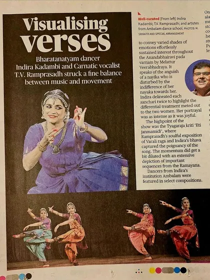 I was grateful to see our work "Vāggeyakāra Bharatham" featured in the press. This review speaks to the fine balance between music and movement that we strive for in every performance.