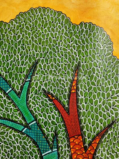 A macro view of the tree in the peacock painting, showcasing the thousands of individual leaves I painted. This level of detail is meditative for me and brings the artwork to life.