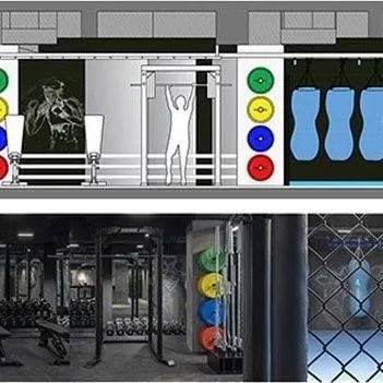 Another view of our design process for the MMA Matrix Gym, comparing the concept illustration for the weight racks and punching bags to the finished, fully equipped space.