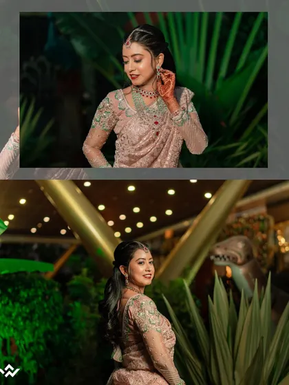 A collage of the bride in her lovely pink reception outfit, posing amidst lush greenery.