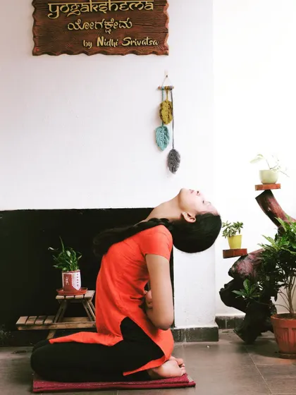 A simple back stretch in Vajrasana (Thunderbolt Pose). This is a gentle way to open the chest and stretch the front of the body, which can feel amazing after a long day of hunching over a screen.