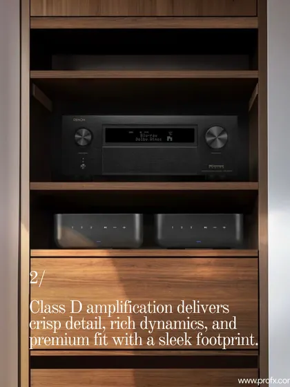 The Denon Home Amp features Class D amplification, which delivers crisp detail and rich dynamics from a sleek footprint. Here it is shown neatly integrated into a modern wooden cabinet.