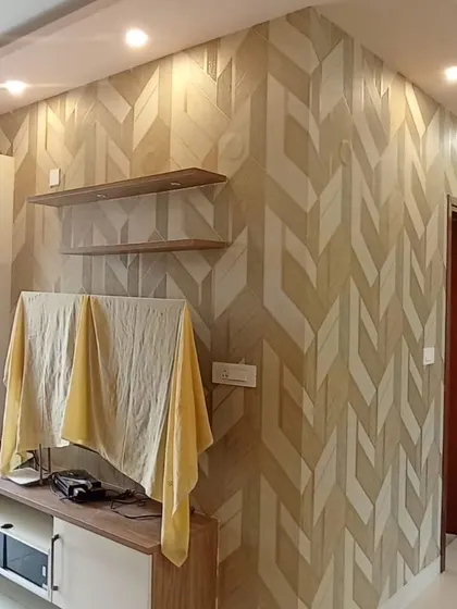 Another view of the chevron wallpaper on the TV wall.