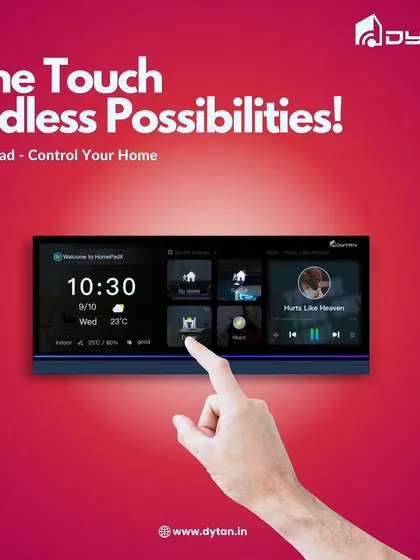 One touch opens up endless possibilities. This close-up shows a user interacting with the HomePad's clear icons for smart scenes, music, and home status.