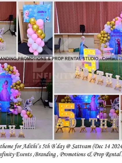 A magical Frozen theme for a 5th birthday at Sattvam restaurant. The decor features a backdrop of Elsa and Anna, a blue, pink, and gold balloon garland, and a light-up number "5," creating a winter wonderland for the birthday girl.