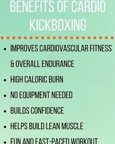 This graphic outlines the key benefits of cardio kickboxing. It's a full-body workout that builds confidence, burns a high number of calories, and requires no equipment to start.