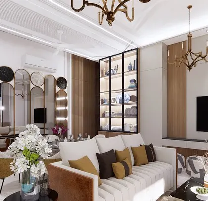 This angle shows the integrated design of the living and dining areas, including a stylish vanity corner with decorative mirrors. The use of wood paneling and a fireplace adds warmth and texture to the room.