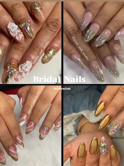 Here's a collage of some of my favorite bridal nail inspirations. You can see a variety of styles, from 3D floral work and heavy crystals to elegant gold chrome and intricate line art, showing the range of custom looks we can create for your wedding events.