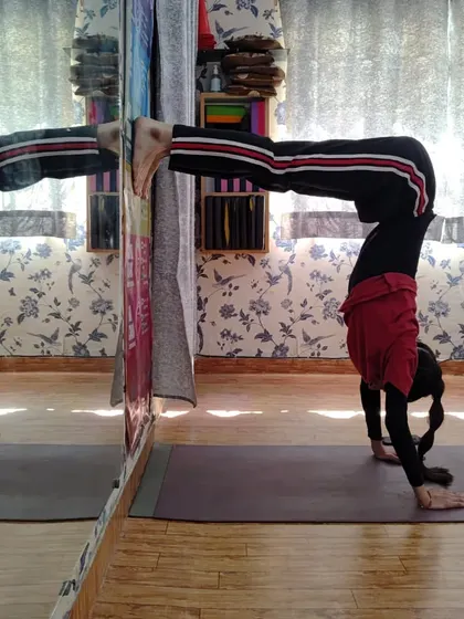 This student demonstrates an advanced wall-supported handstand variation. This shows the level of body control and strength that you can achieve through dedicated practice in our course.