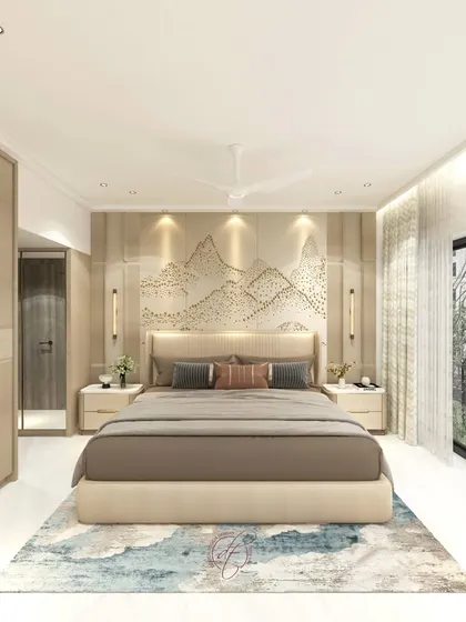 A front-on view of the bed and the stunning headboard art. Our 3D renders allow us to perfect the scale and placement of every design element.