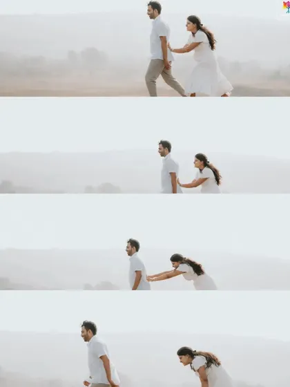 A sequential collage telling a playful story of the bride-to-be chasing her partner, capturing their fun and lighthearted connection.