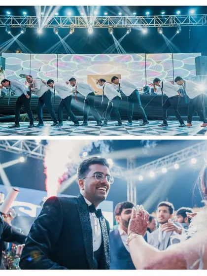 A collage capturing the energy of the Sangeet night. From the groomsmen's synchronized dance to the groom's happy reaction, it's all about the celebration.