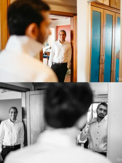 A candid moment of friendship, as the groom's friend looks on while he gets ready. The black and white filter adds a timeless and documentary feel.