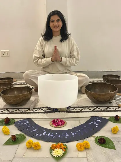 Riya Vyas, our sound healing guide, ready to begin the session. Her calming presence and expertise create a safe space for participants to let go and heal.