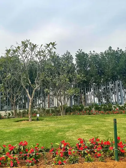 A beautiful lawn at a Faridabad property, framed by a border of bright red flowers. In the background, a dense line of trees provides a natural privacy screen.