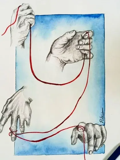 This conceptual piece, titled 'Strings', uses pencil and watercolor to explore themes of connection and control. The realistic hands rendered in graphite contrast with the symbolic red thread.
