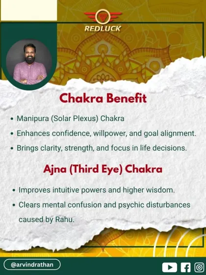 The 8-Mukhi Rudraksha works on two chakras. It enhances confidence by activating the Manipura (Solar Plexus) Chakra and improves intuition by clearing psychic disturbances in the Ajna (Third Eye) Chakra.