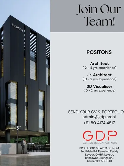 Genesis Design Partners in Bangalore is hiring for multiple roles, including an Architect with 2-4 years of experience and a Junior Architect with 0-2 years.
