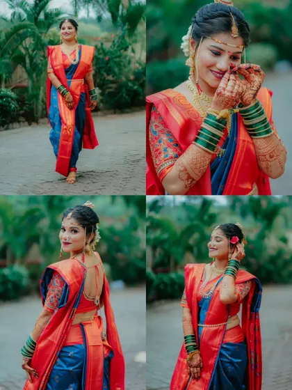 A collage of the bride in her beautiful Navvari saree, capturing her grace from different perspectives, including a full length shot and close up portraits.