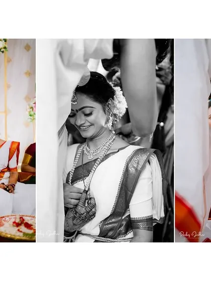 A triptych capturing the bride's shy smiles and key moments from under the 'jeelakarra bellam' cloth.
