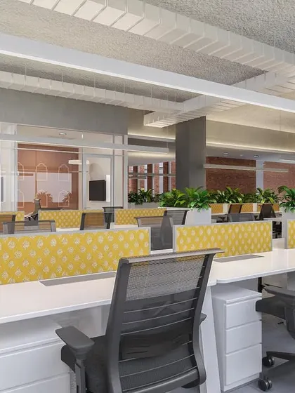 The proposed workstation layout for JSW Nagaur, featuring low partitions and integrated planters. This design promotes collaboration and brings elements of nature directly into the workspace.