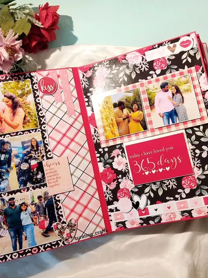 A vibrant page layout from the anniversary scrapbook, combining floral patterns, stripes, and photo collages.