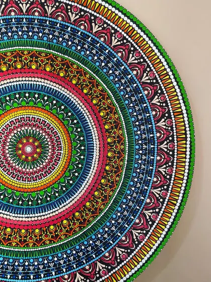 Another perspective of my large dot mandala, highlighting the vibrant rings of color. This piece is currently available for purchase.